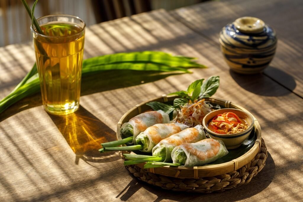 Food on the table.  Served with a drink on the side