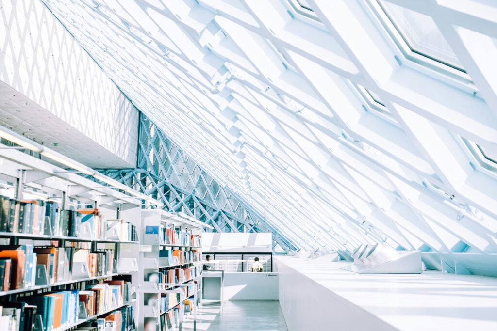 Bookshelves in a library.